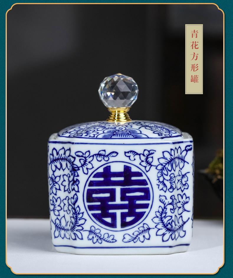 Jingdezhen blue and white porcelain happy character sitting room of the new Chinese style household ceramic tea pot storage tank receives decorative furnishing articles