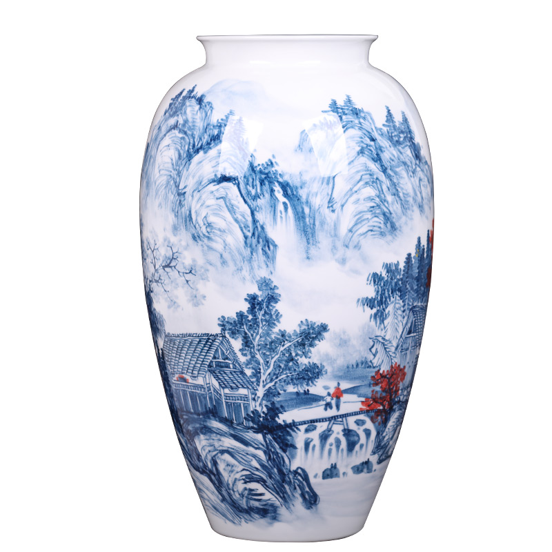 Jingdezhen ceramics master hand made blue and white porcelain vases, landscape painting of the sitting room porch decoration of the new Chinese style furnishing articles