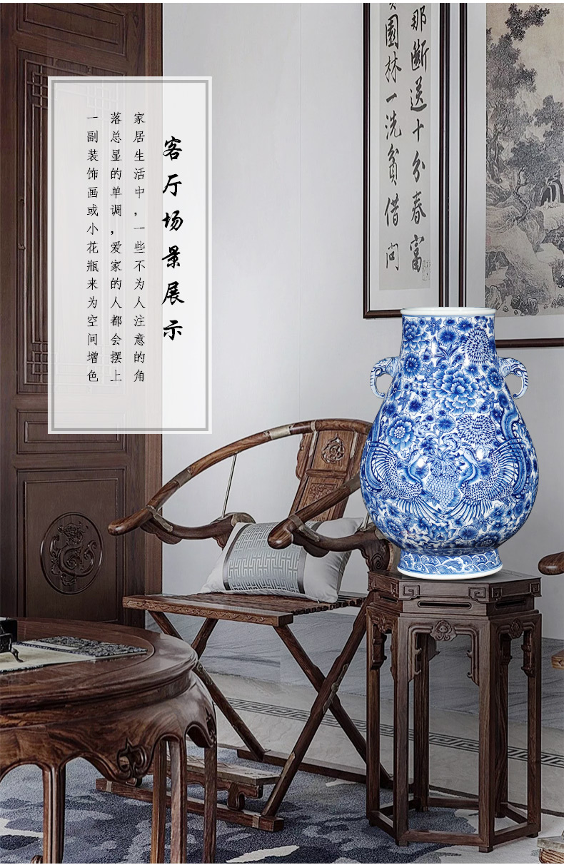 Jingdezhen ceramics imitation qianlong hand - made ears phoenix of blue and white porcelain vase flower implement new Chinese style living room furnishing articles