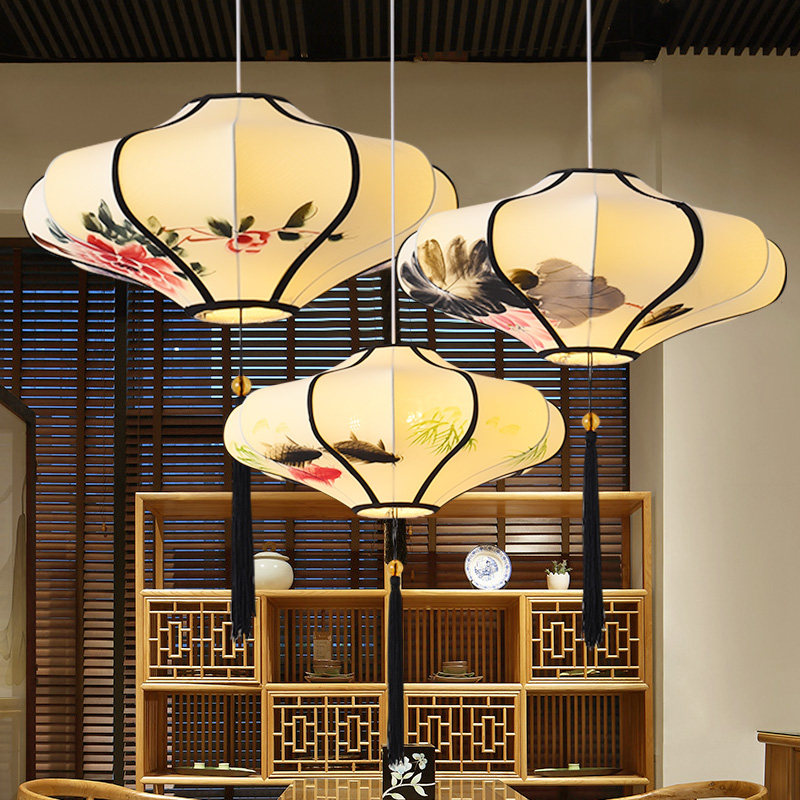 New Chinese chandelier tea building aisled cloth art corridor hotel porch hand painting simulation of lock leaf lamps