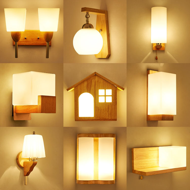 Modern simple Nordic solid wood wall lamp Yangtai corridor hotel room bedroom warm head lamp with open