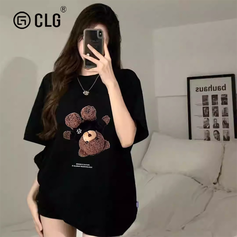 French Clg Trendy Designer Hip-Covering T-Shirt for Women, Spring and Summer Pure Cotton Plus Size Casual Bear Short-Sleeve Top ins