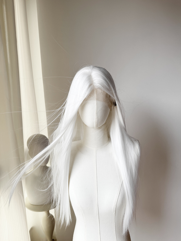 White Antique-Style Hand-Crocheted Large Lace Costume Headpiece Wig Cos Raw Material Qingfeng Zuoci White Middle-Parted Wig