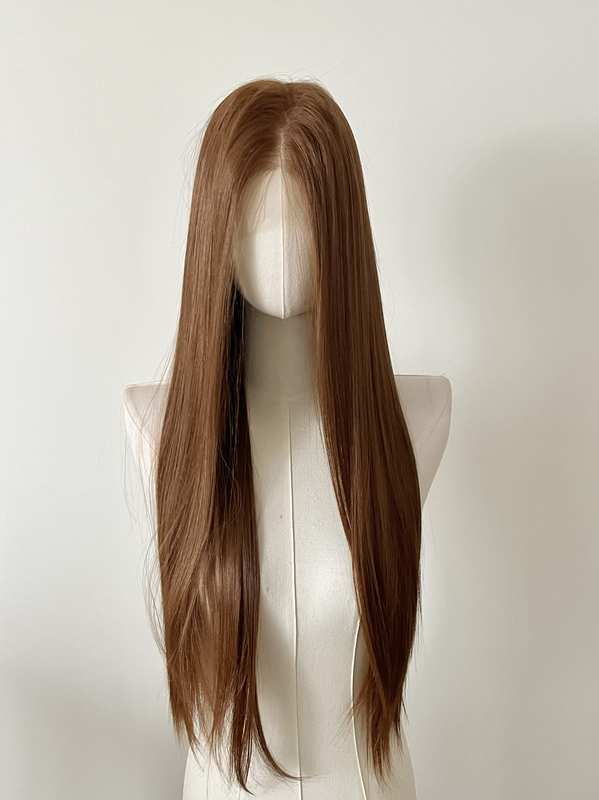 Linen Golden Brown 100% Imported Japanese Silk Hand-Crocheted Wig with Large Lace Front, Hand-Woven Long Straight Hair Full Wig, Can Be Styled as Desired