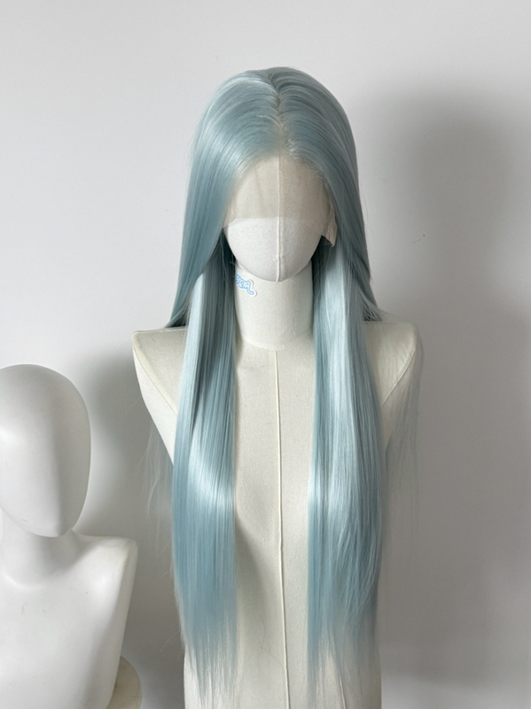 Ice Green Low-Saturation Light Blue-Green Hand-Woven Large Lace Front Hand-Crocheted Wig Cosplay Raw Hair with Customizable Parting Till