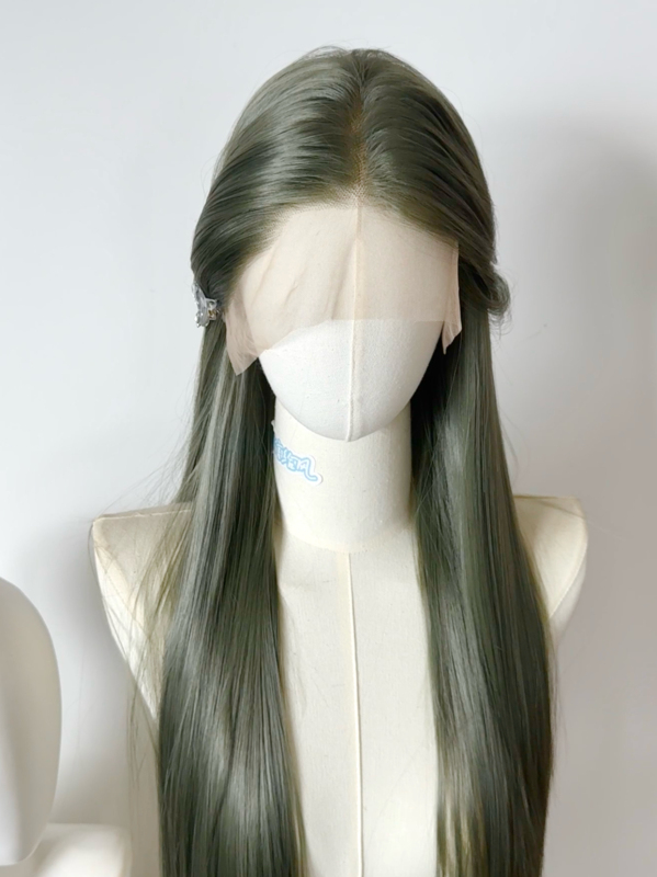 Mist Tea Green Dark Gray Green Hand-Crocheted Wig Base with Lace Front Matte High-Temperature Fiber Cosplay Wig Base Guo Jia