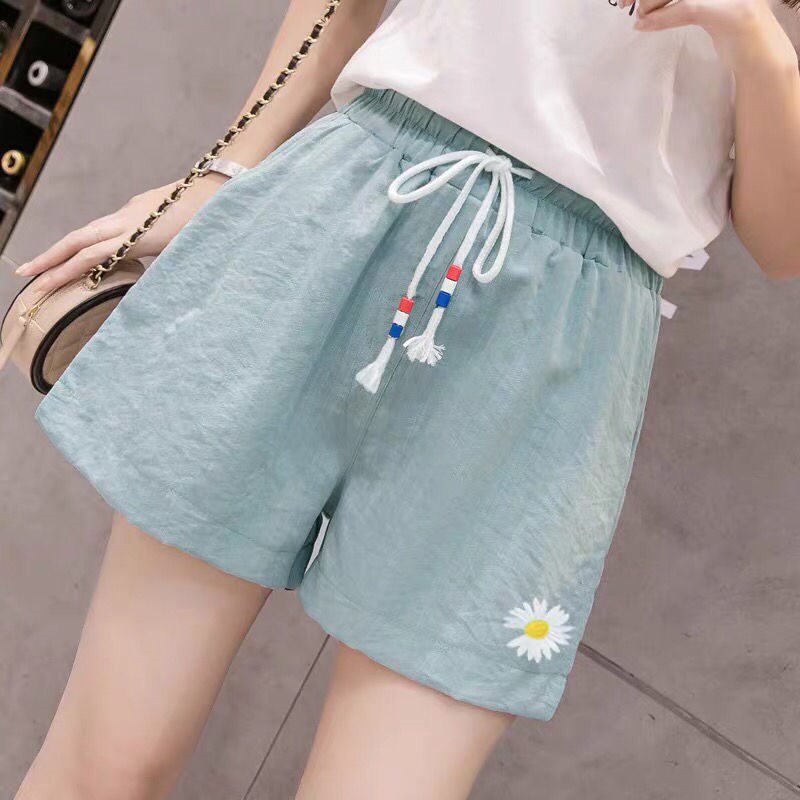 Small daisy cotton linen 100 hitch sports women shorts loose and thin with slim height waist wide pants to wear summer casual pants