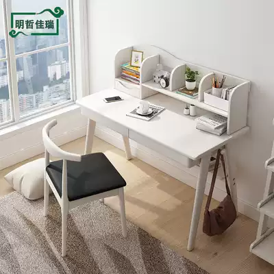Full solid wood desk bookshelf combination White simple children's computer desktop table home student study desk desk