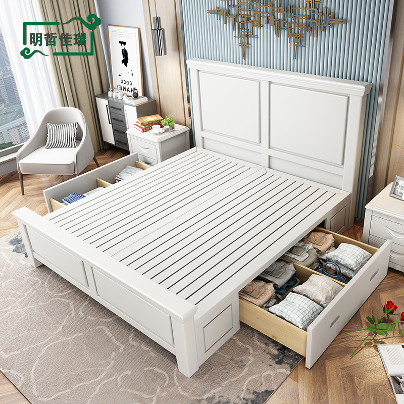 American country solid wood bed 1 5 m 1 8m white double bed master bedroom furniture modern simple storage wedding bed