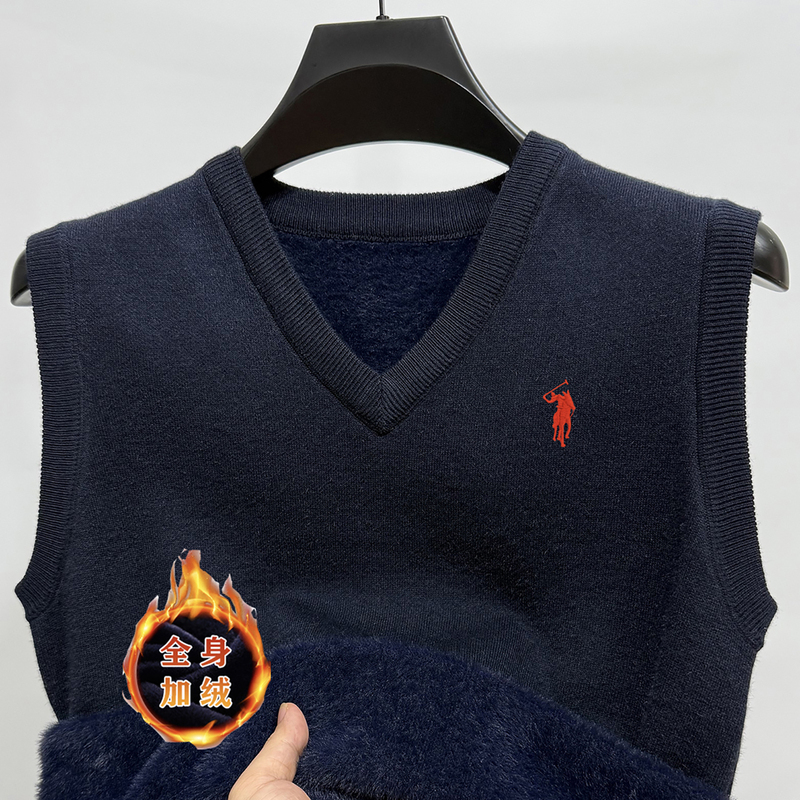 Men's Wool Sweater with Fleece Lining, Plato Paul Autumn and Winter Vest, Middle-Aged V-Neck Sleeveless Thickened Cashmere Knitwear