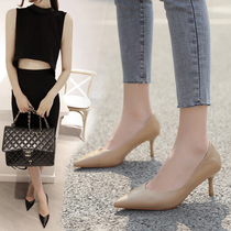Fan-style little high heel minimalist with womens shoes wide footed soft leather not grinding feet two-to-foot 2022 new nude color single shoes