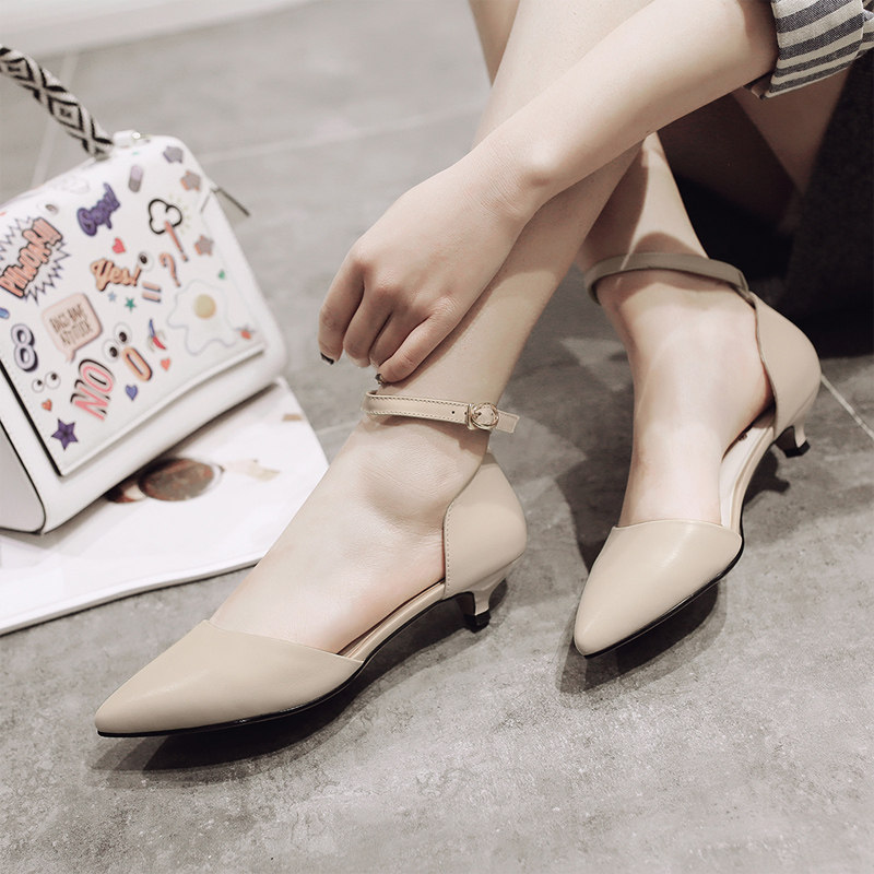 Small size pink mid-heel toe sandals women's summer leather pointed toe work shoes stiletto buckle low-heeled shoes