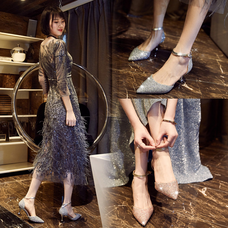 Silver high heels female fairy style wedding shoes wedding dress Xiuhe two wear bride princess one word buckle small size low heel shoes