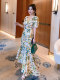 Improved cheongsam 2022 new temperament irregular fishtail dress female waist floral chiffon long skirt summer