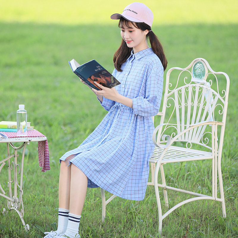 2020 Summer Spring Quarter Teenage Girl Foreign Clothes Autumn Clothes Junior High School High Middle School Raw Dress Medium Long Version Plaid Shirt Jacket