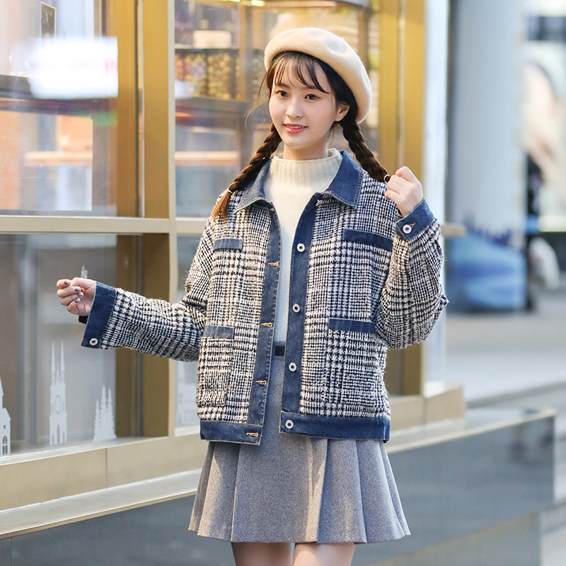 2022 Spring new plus cotton small fragrant wind jacket Short teenage girl Grand Tong High School Junior High School Students Spring Costume Foreign Pie