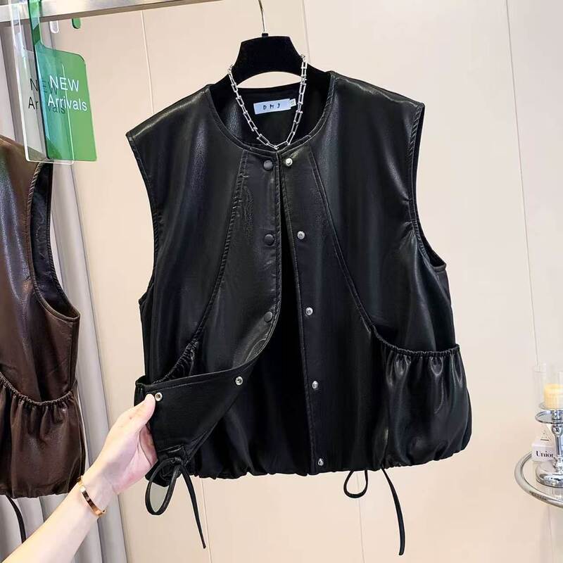 Retro Pu Leather Vest for Women, Sleeveless Short Style with Drawstring, Versatile and High-End Feel Retro Pu Leather Vest for Women, Sleeveless Short Style with Drawstring, Versatile and High-End Feel