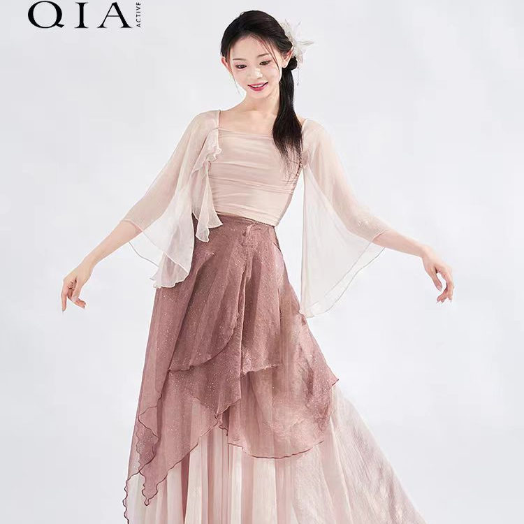 Classical Dance Clothing, Summer Fairy-Like Practice Clothes, Bell-Sleeved Flowing Gauze Dress, Loose Gauze Skirt Performance Clothes