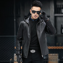 2020 Haining new leather leather mens first layer cowhide slim fit hooded winter casual leather jacket thick jacket