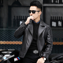 Haining leather leather mens first layer cowhide suit collar short motorcycle suit handsome trend Korean version leather jacket jacket