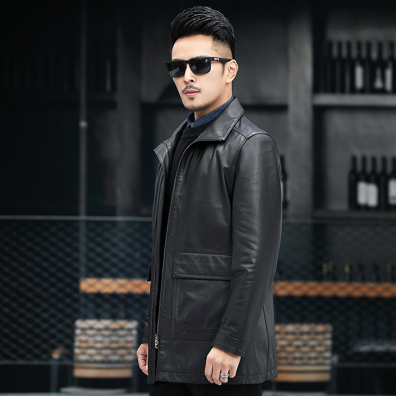 Haining leather leather leather men's long slim business leisure first layer cowhide lapel leather windbreaker new coat