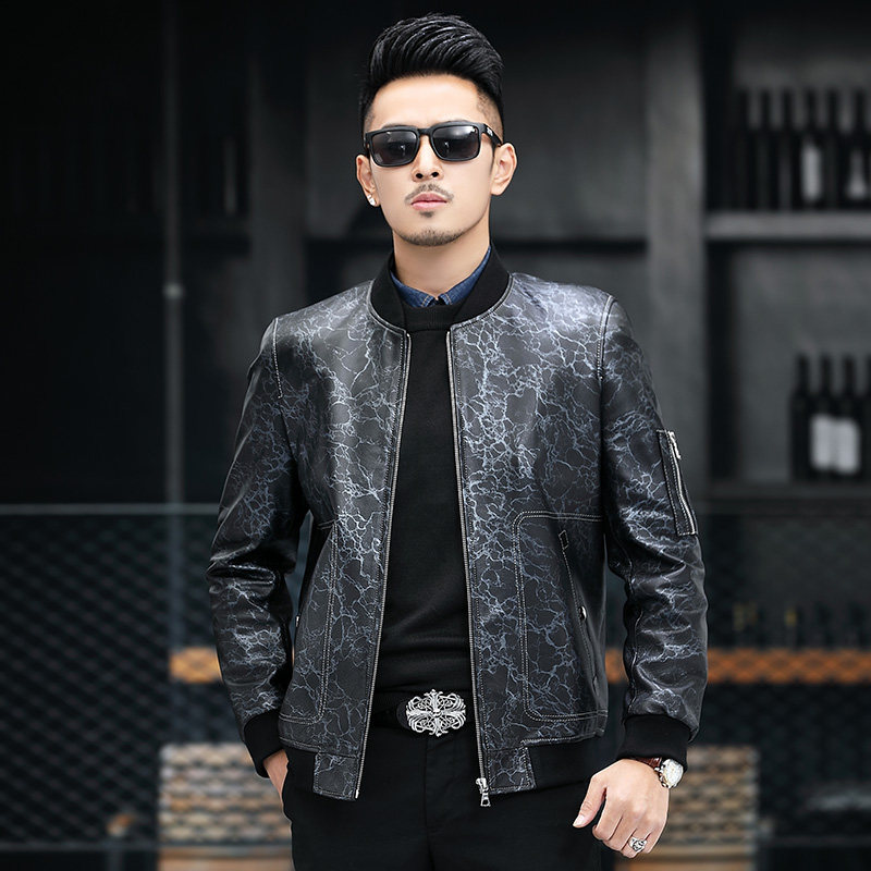 Leather leather men's printed head layer cowhide baseball collar short slim youth leather jacket jacket autumn and winter New