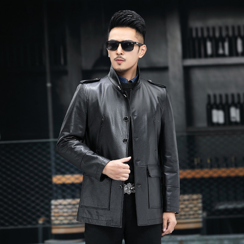 Autumn Winter Hainen genuine leather leather clothing men's head layer of cow leather with long version of upright collar business casual workout leather windsuit jacket