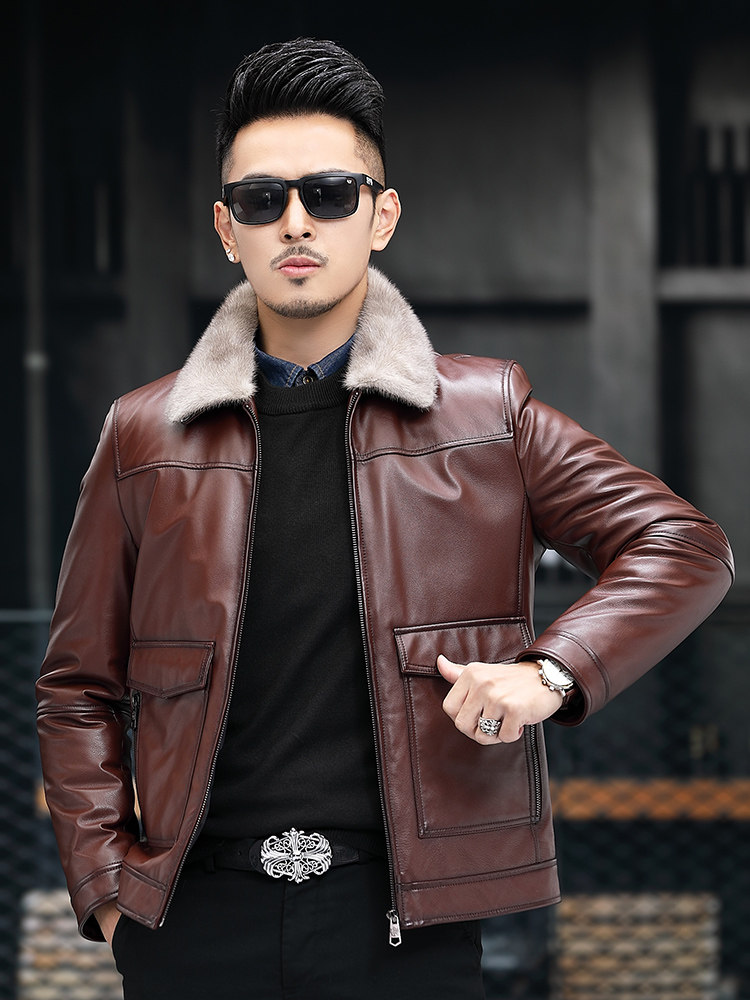 Haining Genuine Leather Jacket Men's Top Layer Cowhide Short Slim Lapel Mink Fur Collar Mulberry Silk Leather Jacket