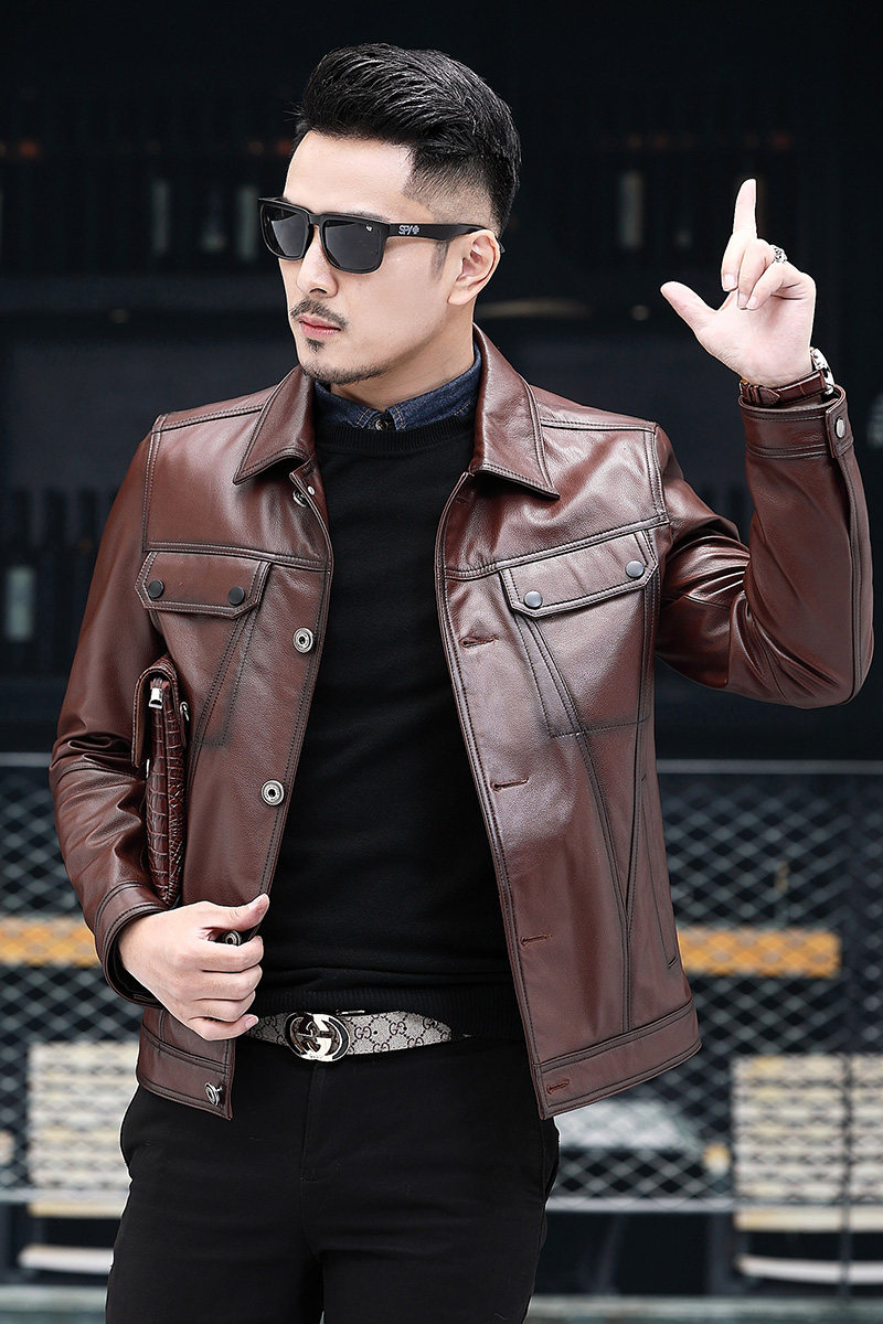 New autumn and winter leather leather men's motorcycle short first layer cowhide lapel jacket handsome youth velvet jacket