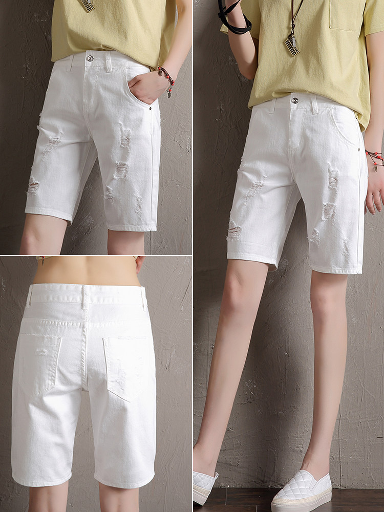 White five-point denim shorts women's 2021 summer thin section perforated straight pants high waist loose outside wearing cycling five-point pants