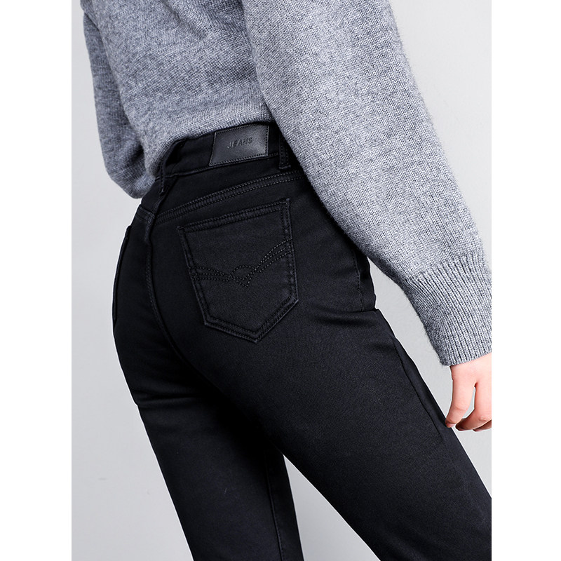 Black plus suede jeans Women with thickened thin smoke tube pants 2022 Winter high waist tight outside wearing warm pants trousers Long pants
