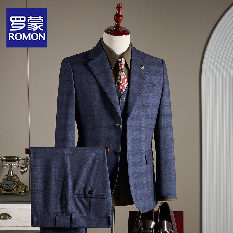 Romon Plaid Suit Set Men's Business Casual Formal Wear British Style Small Suit Men's Jacket Groom Wedding Dress
