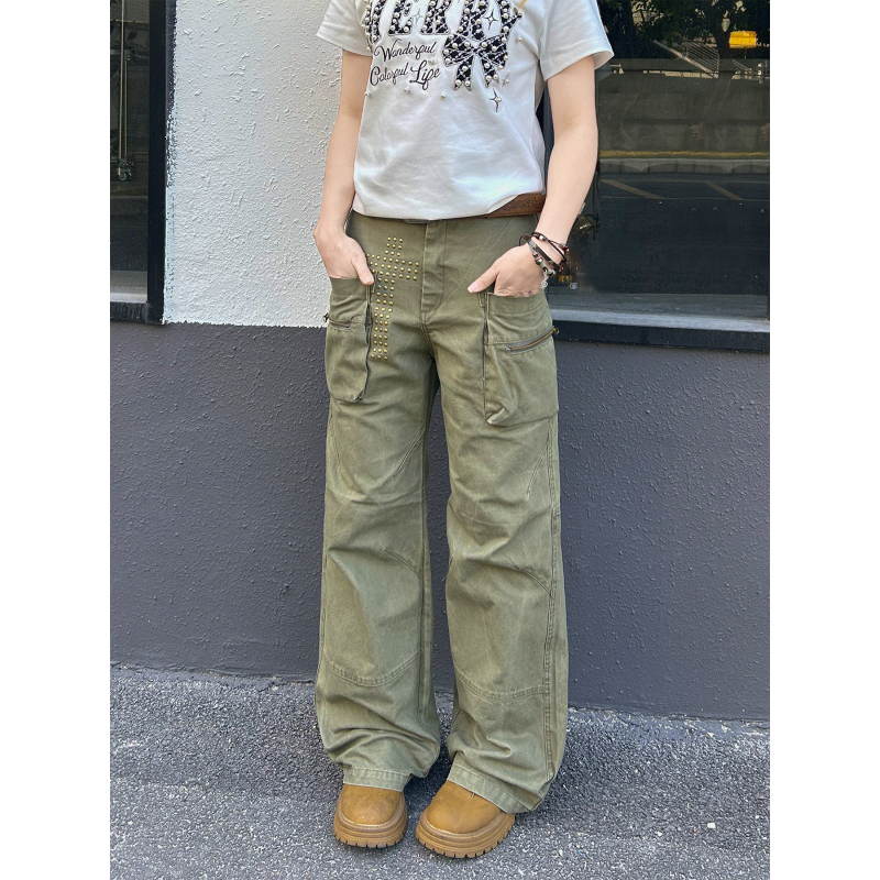 Kismets American-Style Cross Rivet Niche Design Multi-Pocket Cargo Pants Loose Slimming Straight-Leg Casual Pants