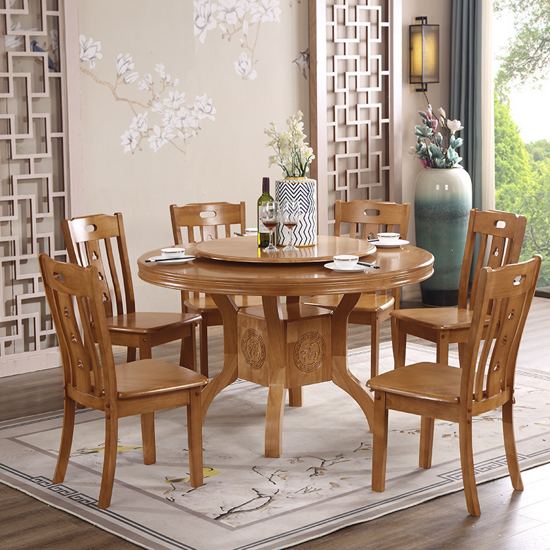 Simple modern large household small apartment type solid wood rubber wood dining table and chair combination hotel restaurant round table dining table