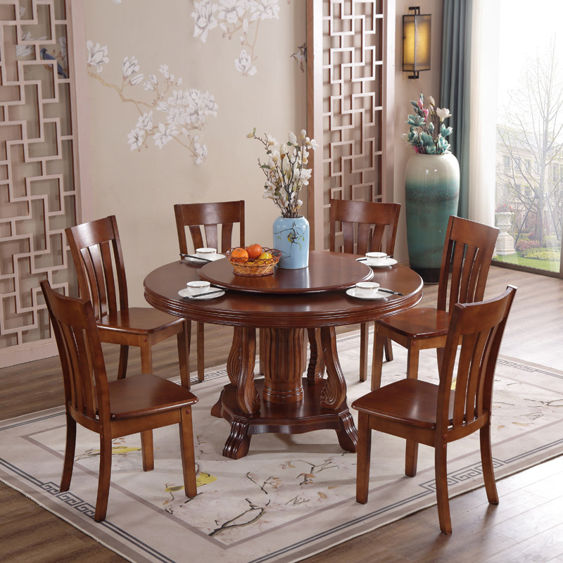 Modern simple solid wood rubber wood dining table and chair combination round table hotel round table can be equipped with turntable induction cooker