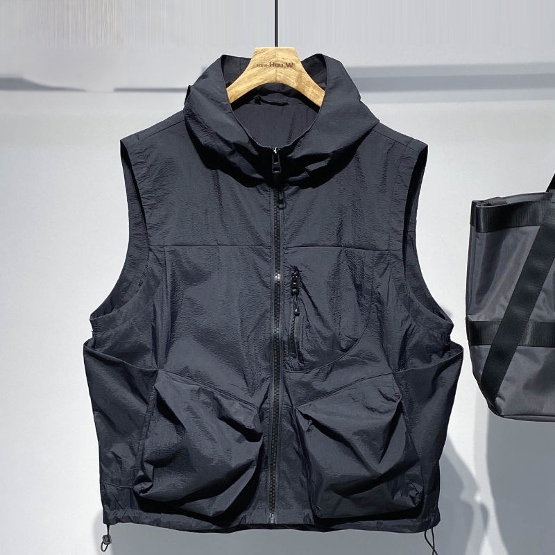 Summer New Multi-Pocket Workwear Casual Vest Men's Thin Sports Vest Sleeveless Hooded Casual Jacket Trendy