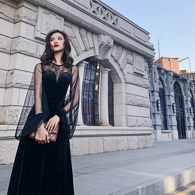 Ye Xiaoxian Black Retro Velvet Velvet Long Sleeve Banquet annual meeting evening gown lace Pivot Famous name Yuanyuan Birthday Party Foreign Dress