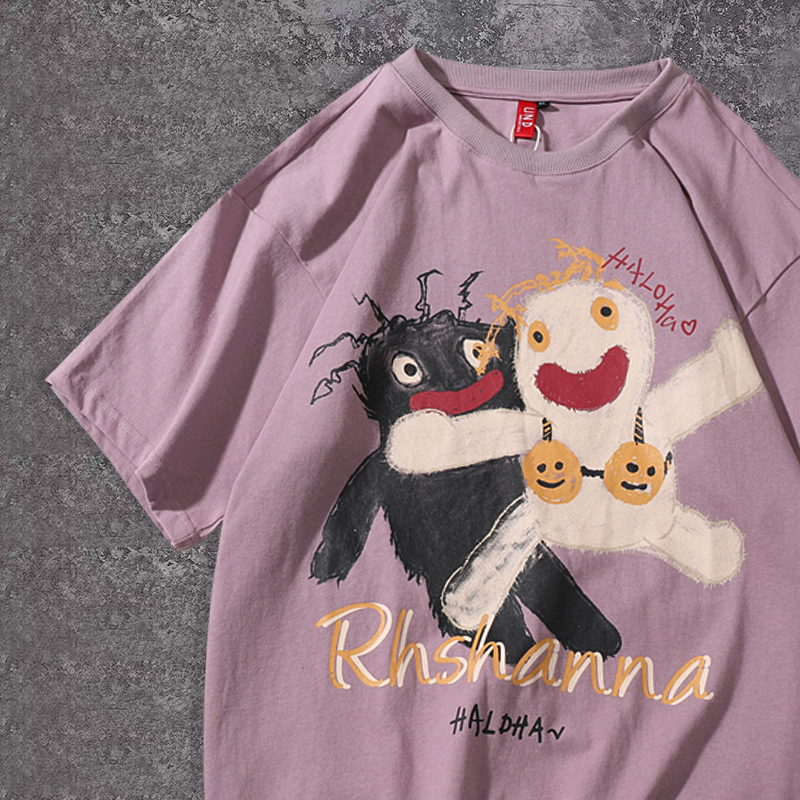 Give me a hug couple fairy oversizes loose texture retro texture short sleeve T-shirt men and women trend