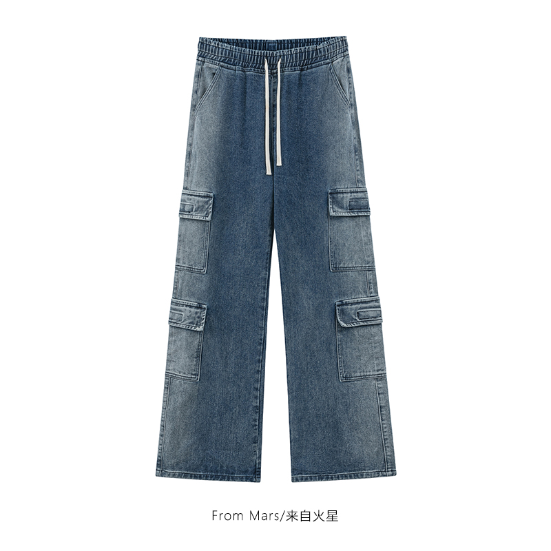 From Mars American water washed as old multiple pockets tightness waist jeans loose casual street 100 Lap Straight Barrel-Taobao