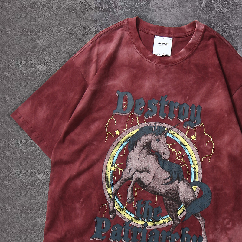 Dream unicorn Shenma tide retro big print European and American trend Hip-hop loose short-sleeved T-shirt couple summer
