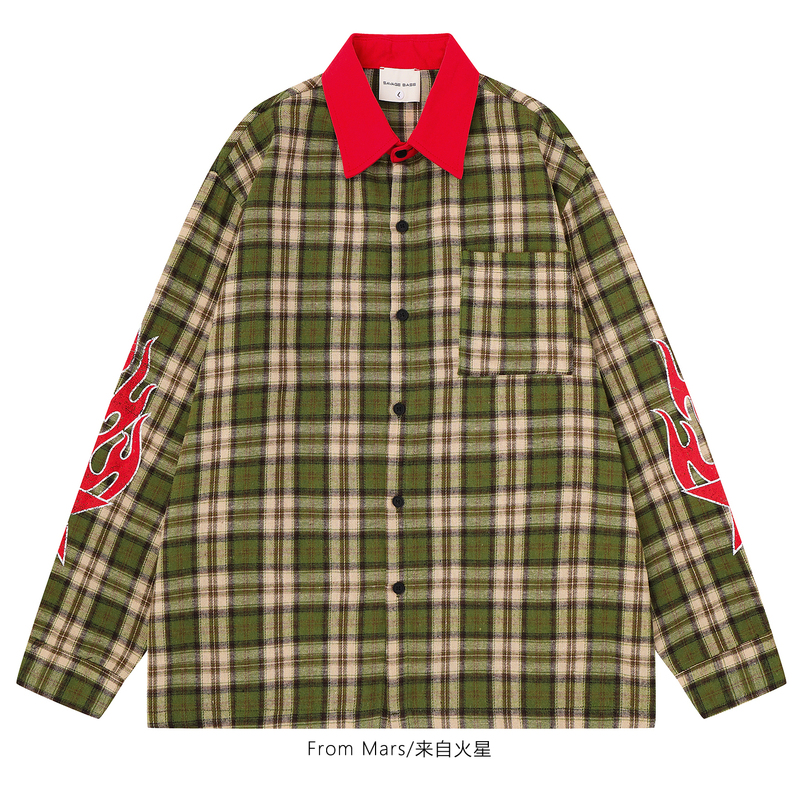 From Mars Color-Contrasting Flame High Street Style Red Collar Printed Loose Versatile Long-Sleeve Shirt with a Design Sense for Both Men and Women From Mars Color-Contrasting Flame High Street Style Red Collar Printed Loose Versatile Long-Sleeve Shirt with a Design Sense for Both Men and Women
