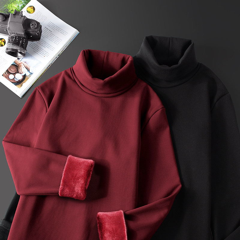 2) Autumn and winter men's high-neck bottoming shirt long-sleeved T-shirt plus velvet thick cotton T youth solid color warm top
