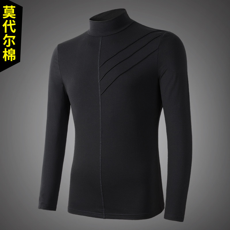 Modale long sleeve T-shirt semi-high collar bottom shirt autumn winter men's pure cotton midway to warm up clothes trend