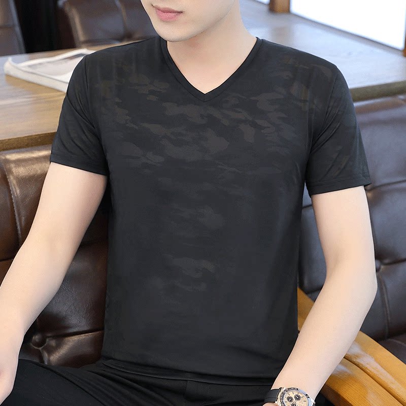 2 pieces) breathable ice silk T-shirt summer men's short sleeve 2021 new trend V collar half sleeve hollow clothes Tide brand