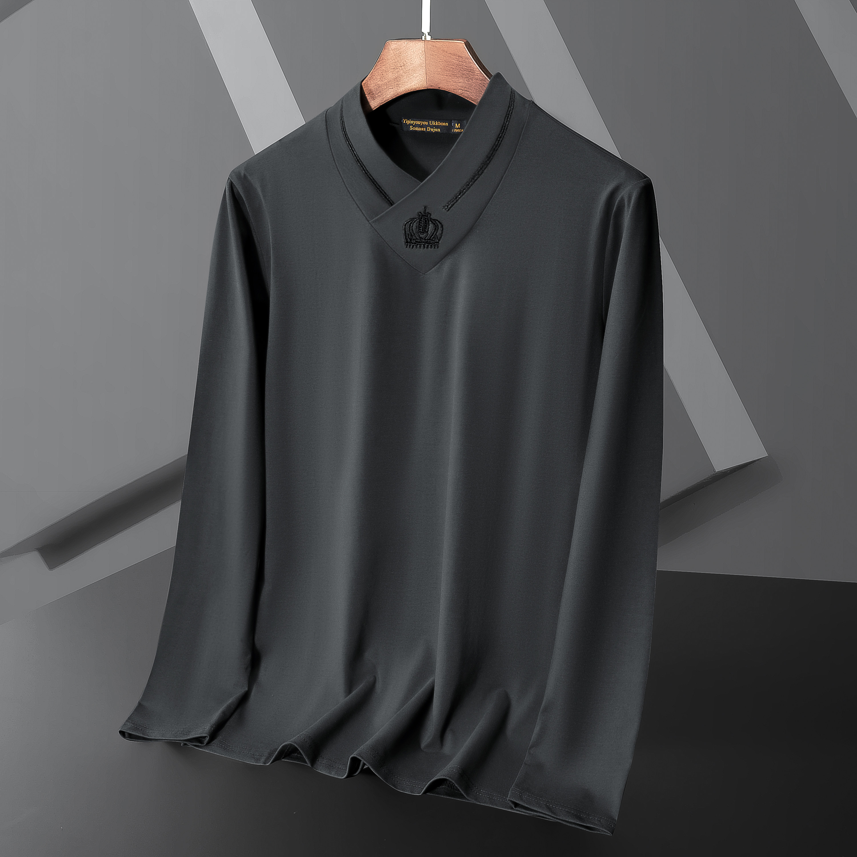 Modale Cross V Collar Design Plus Suede Thickened Men's Undershirt Collar Long Sleeve T-shirt Inside Lap Half High Collar Clothes