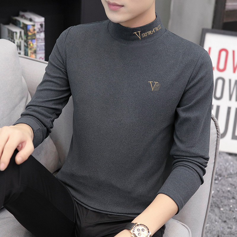 Autumn and winter men's long sleeve T-shirt half turtleneck double-sided fleece plus velvet warm German velvet mid-neck bottoming shirt with clothes inside