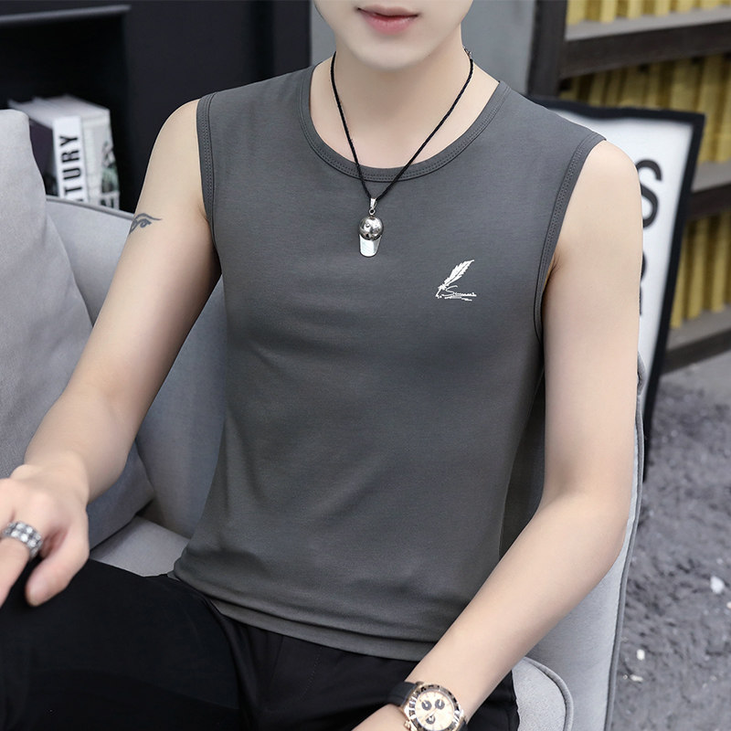 2 Pieces) Modale Round Collar Men's Vest Pure Cotton Summer Ice Silk Breathable Fitness Tight Without Sleeveless Wide Kampo Shoulder Tide