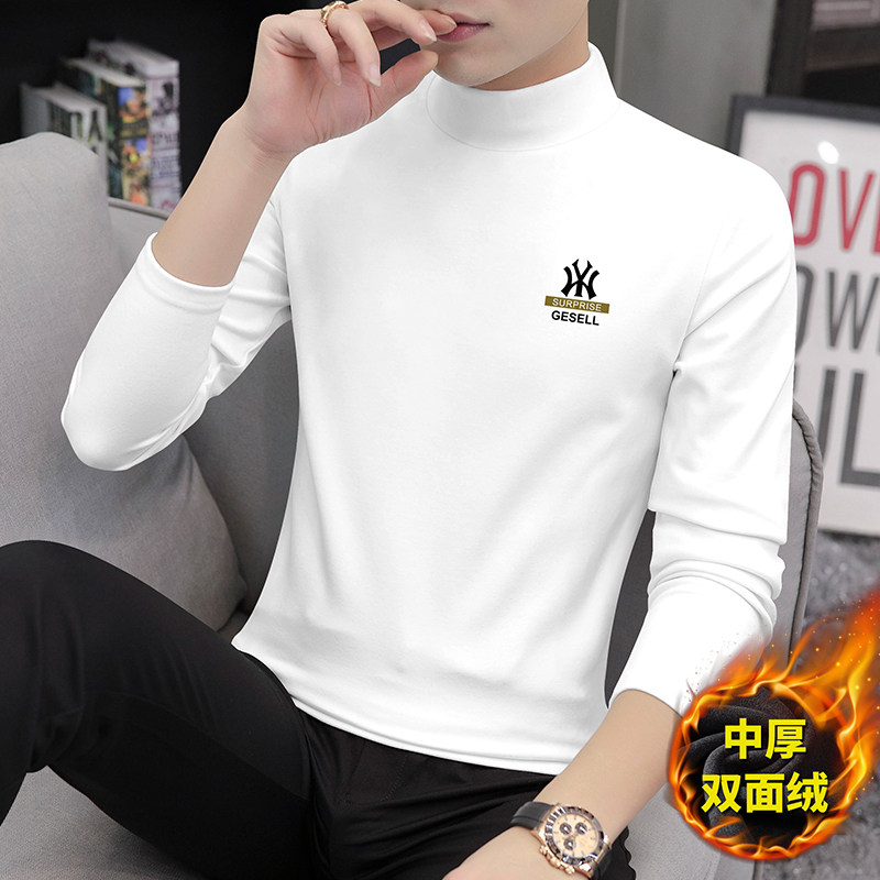 Duvet semi-high neckline undershirt men's autumn winter new inner lap and warm middle collar long sleeve t-shirt thickness-Taobao