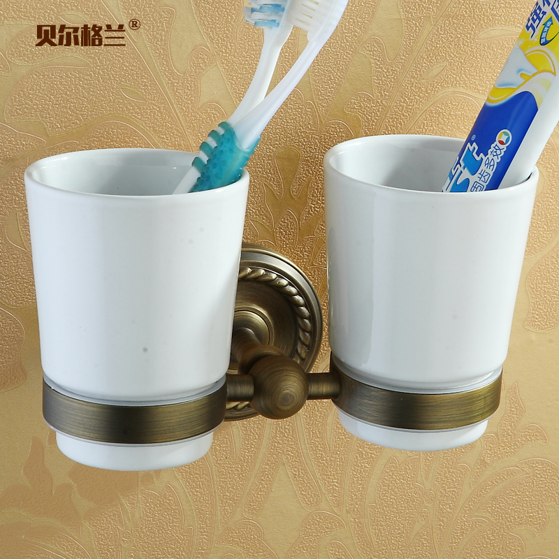 All copper mouthwash cup holder Toothbrush cup set Ceramic cup Bathroom hardware Bathroom shelf Non-glass