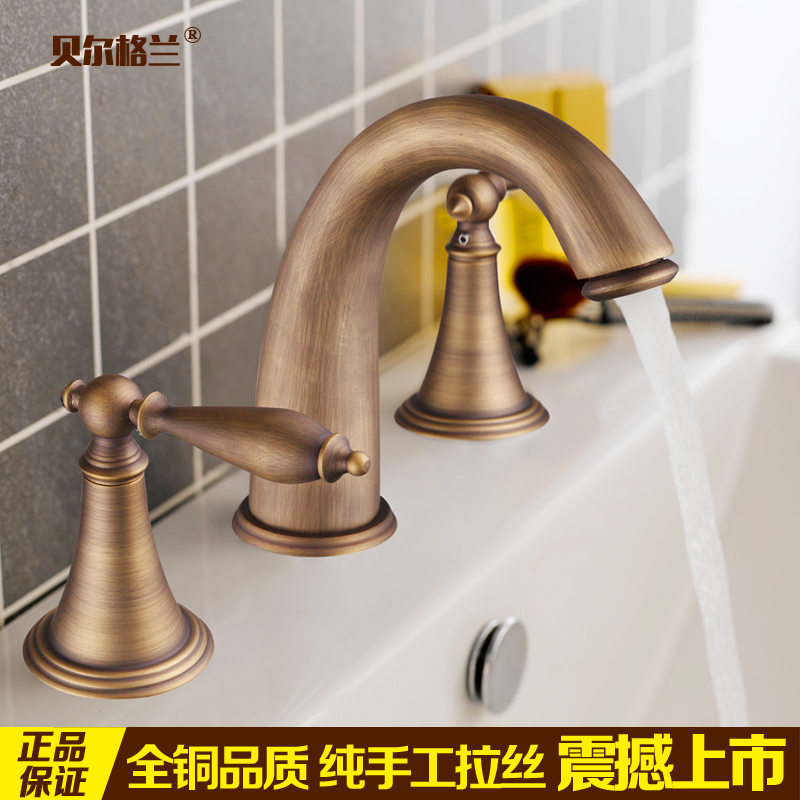 Imitation ancient tap full copper hot and cold water surface basin Two-type tap Au style double handle triple hole face basin tap